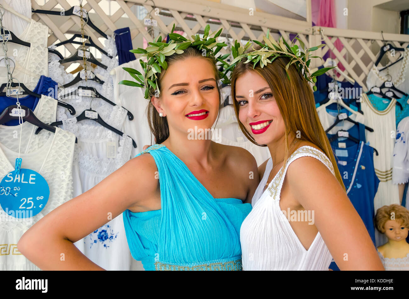 Sales women in clothing store wearing classical Greek dresses Argostoli,  Kefalonia, cephalonia, Ionian Islands, Greece Stock Photo - Alamy