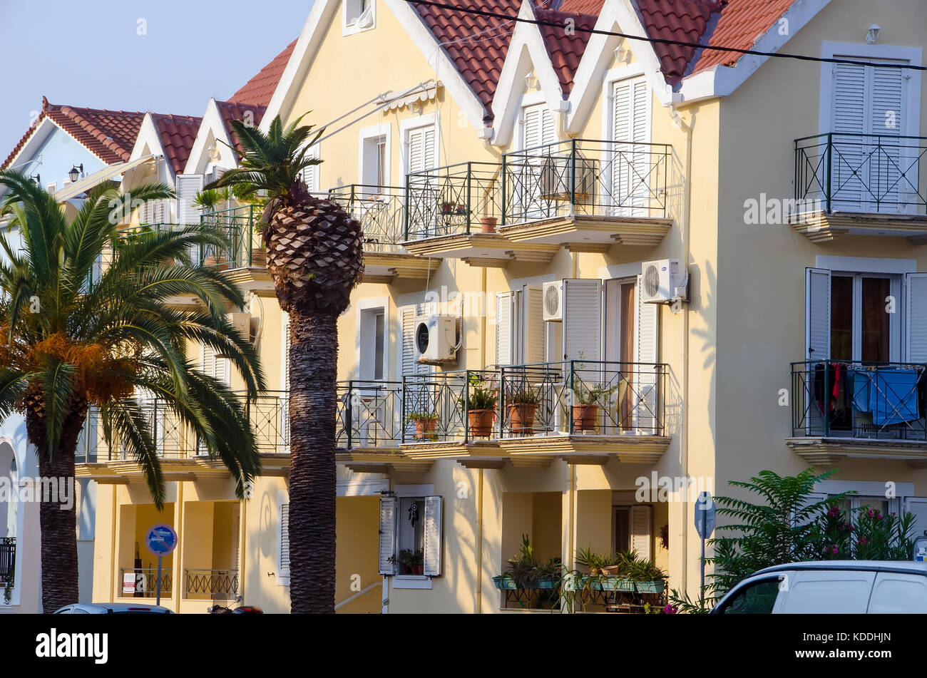 Two-story residential housing in summer tourist city of Argostoli, Kefalonia, cephalonia, Ionian Islands, Greece Stock Photo