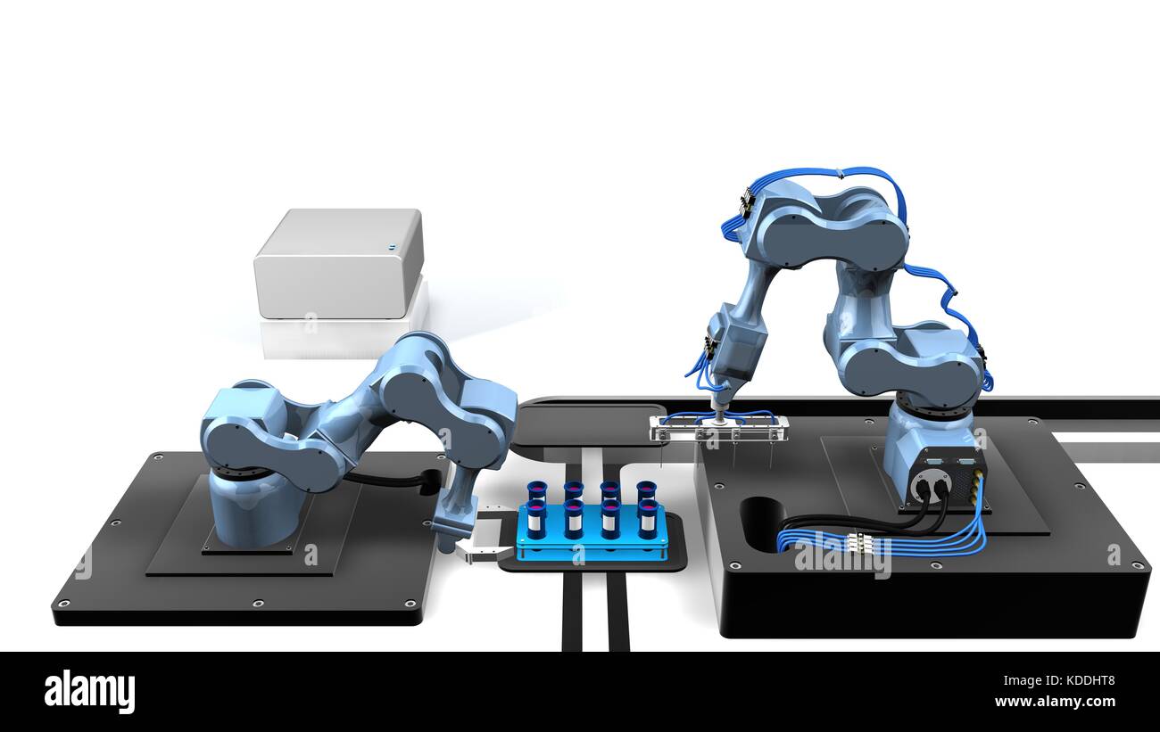 Lab Animated Control System 3D model of an automated laboratory with two mechanical arms taking ...