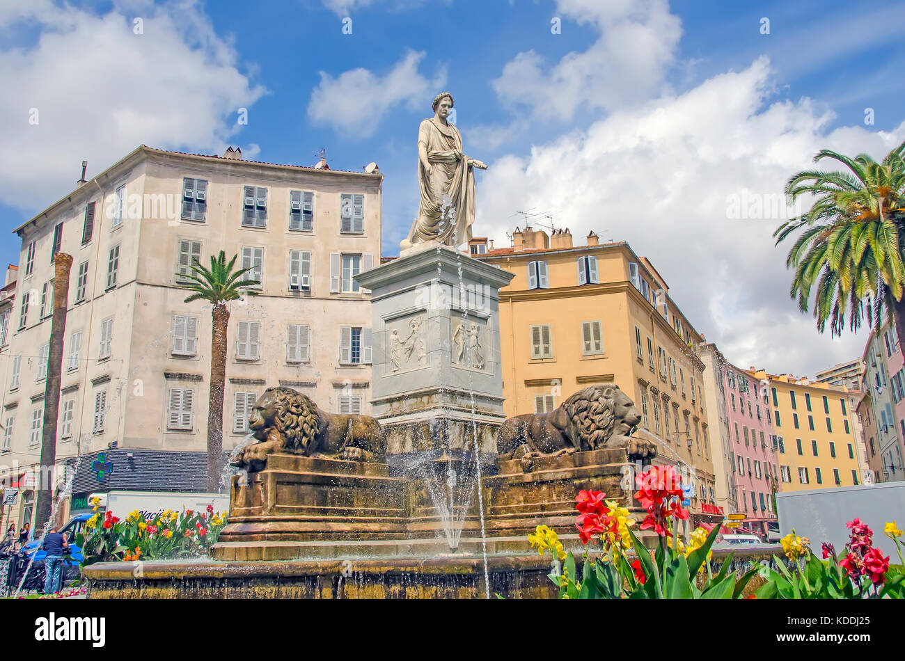 Fountain at Place Foch with Napoleon Bonaparte as Roman consul, Ajaccio, Corsica, France. Stock Photo