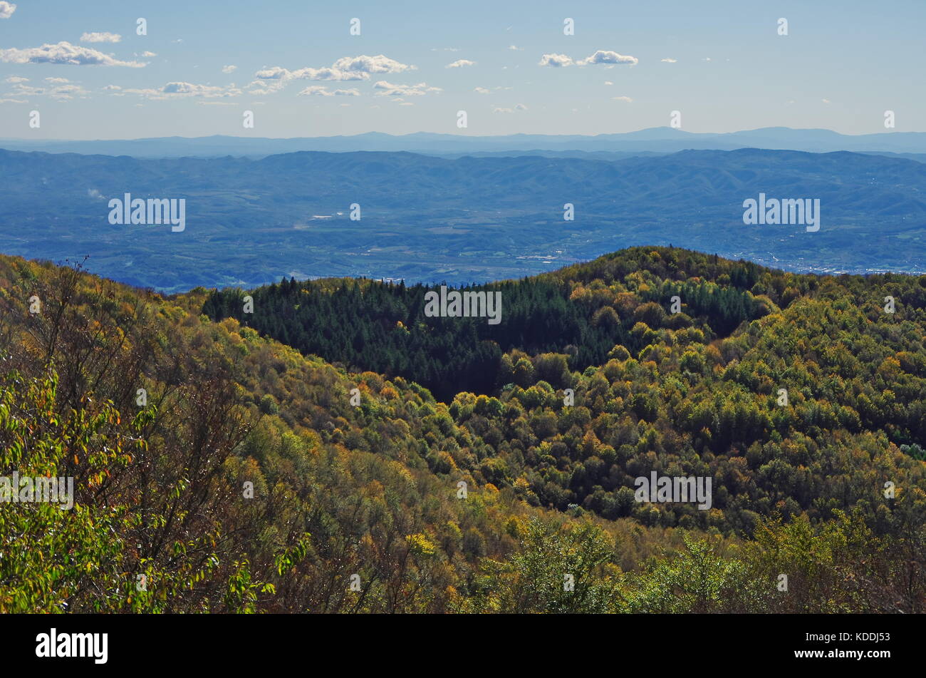 View of Valdarno from Pratomagno. Tuscany countryside. Stock Photo