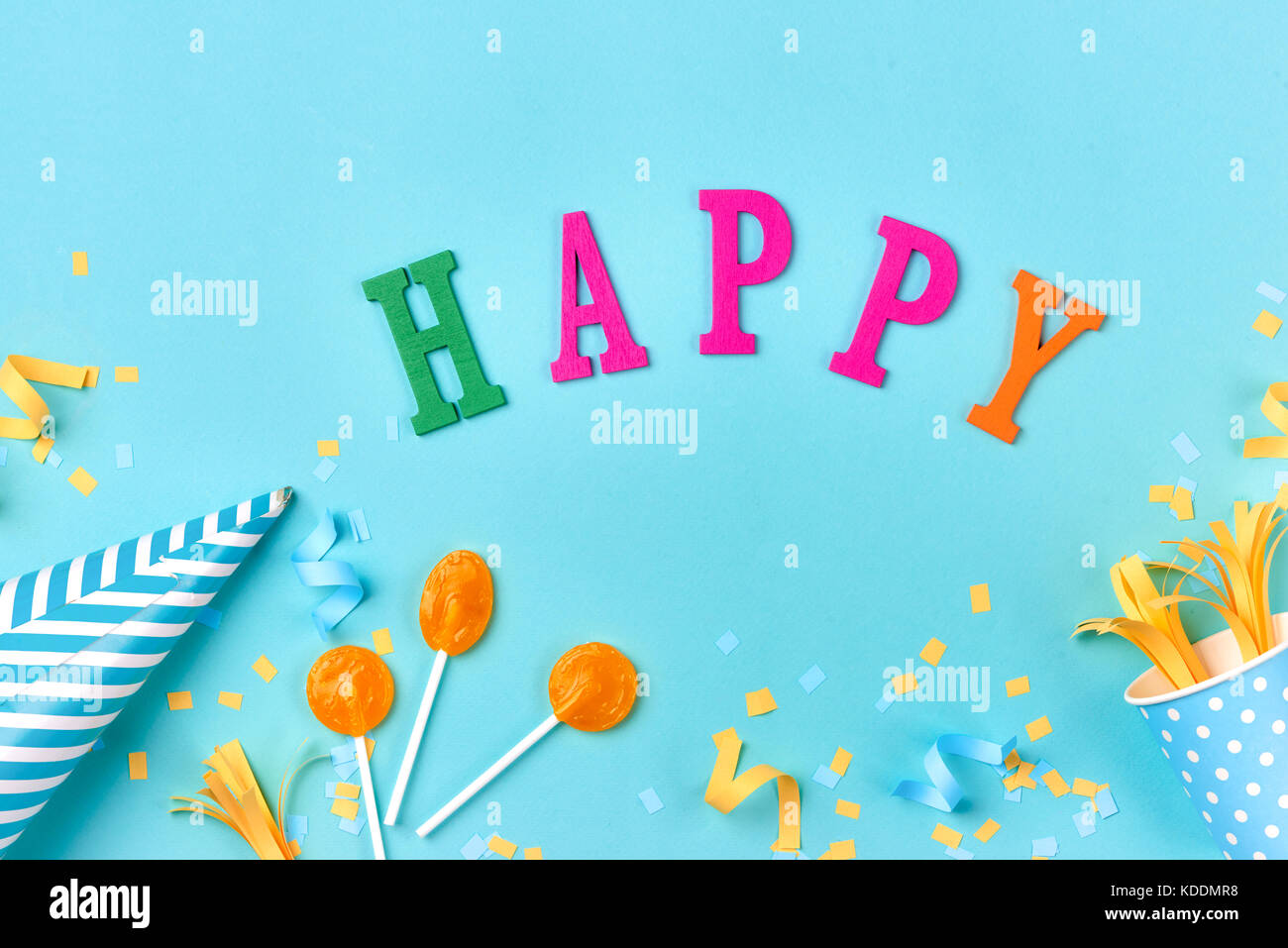Birthday party things. Celebration concept. Flat lay Stock Photo Alamy