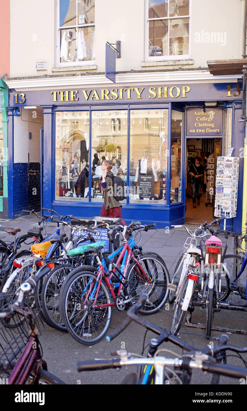 Oxford Oxfordshire UK - Cycle racks outside the Varsity clothing shop in the centre of the university city Stock Photo