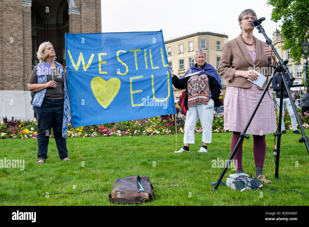 Molly Scott Cato,Green Party MEP for the South West is pictured speaking to protesters during a pro EU protest in college green,Bristol, UK Stock Photo