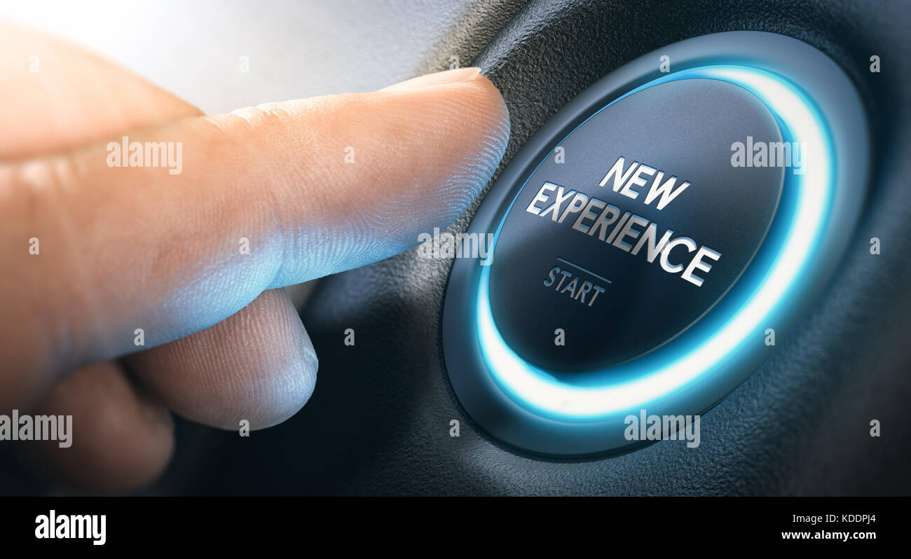Finger about to press a push button with the message new experience start. Leaving comfort zone and starting new life concept. Stock Photo