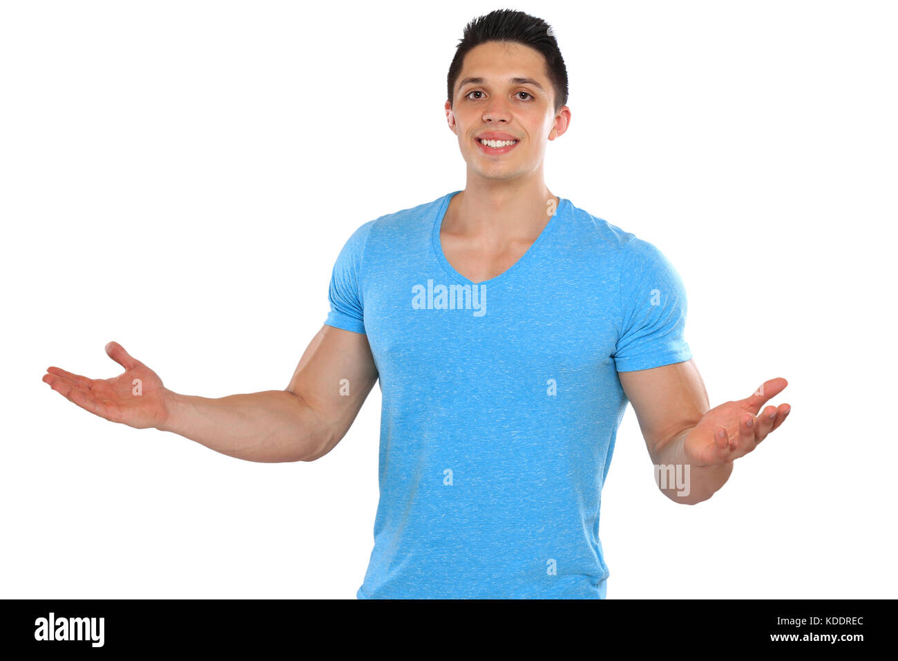 Welcome inviting invitation young man isolated on a white background Stock Photo