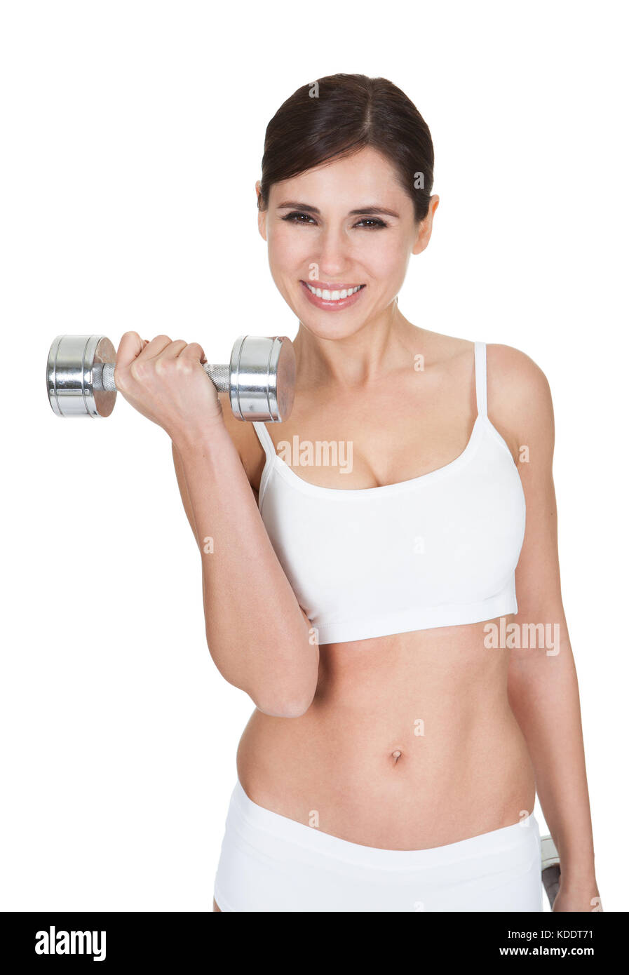 Happy Young Woman Working Out With Dumbbells On White Background Stock Photo