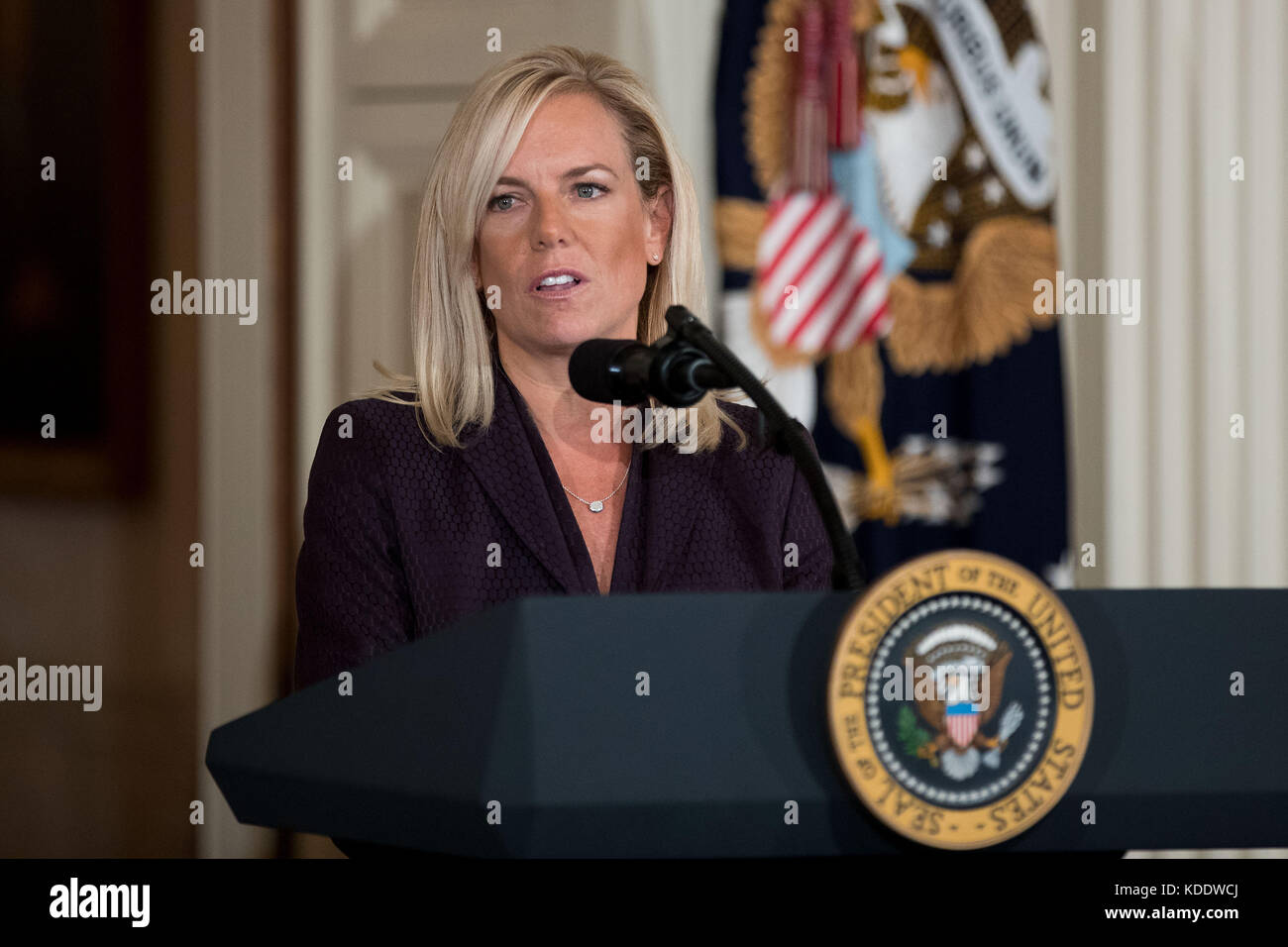 Washington, USA. 12th Oct, 2017. Kirstjen Nielsen speaks during her nomination announcement at the White House in Washington, DC, the United States, on Oct. 12, 2017. U.S. President Donald Trump on Wednesday nominated Kirstjen Nielsen, an aide to White House Chief of Staff John Kelly, to be Secretary of Homeland Security. Credit: Ting Shen/Xinhua/Alamy Live News Stock Photo
