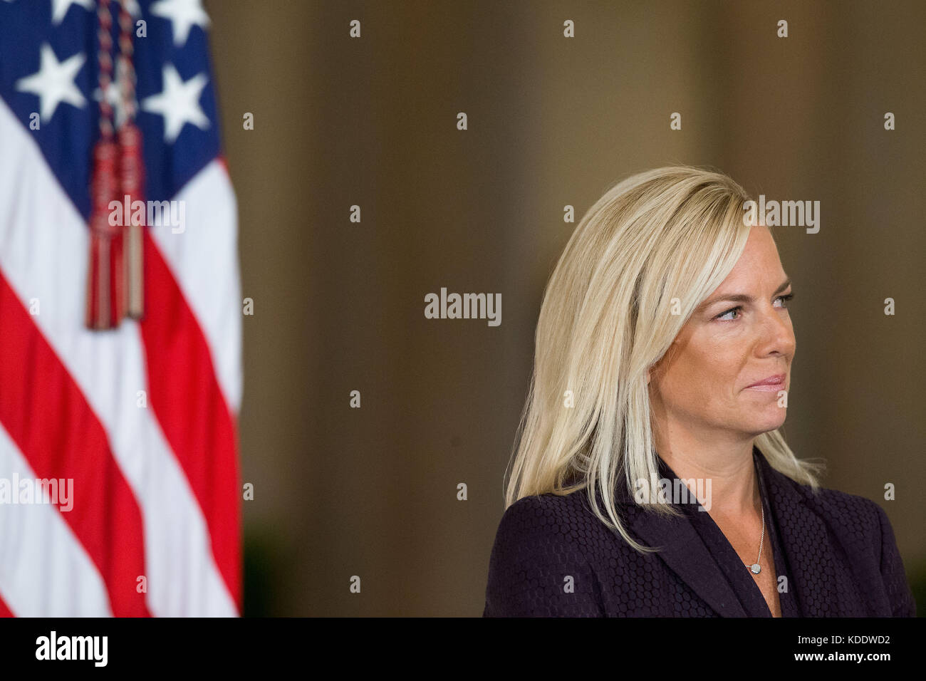 Washington, USA. 12th Oct, 2017. Kirstjen Nielsen attends her nomination announcement at the White House in Washington, DC, the United States, on Oct. 12, 2017. U.S. President Donald Trump on Wednesday nominated Kirstjen Nielsen, an aide to White House Chief of Staff John Kelly, to be Secretary of Homeland Security. Credit: Ting Shen/Xinhua/Alamy Live News Stock Photo