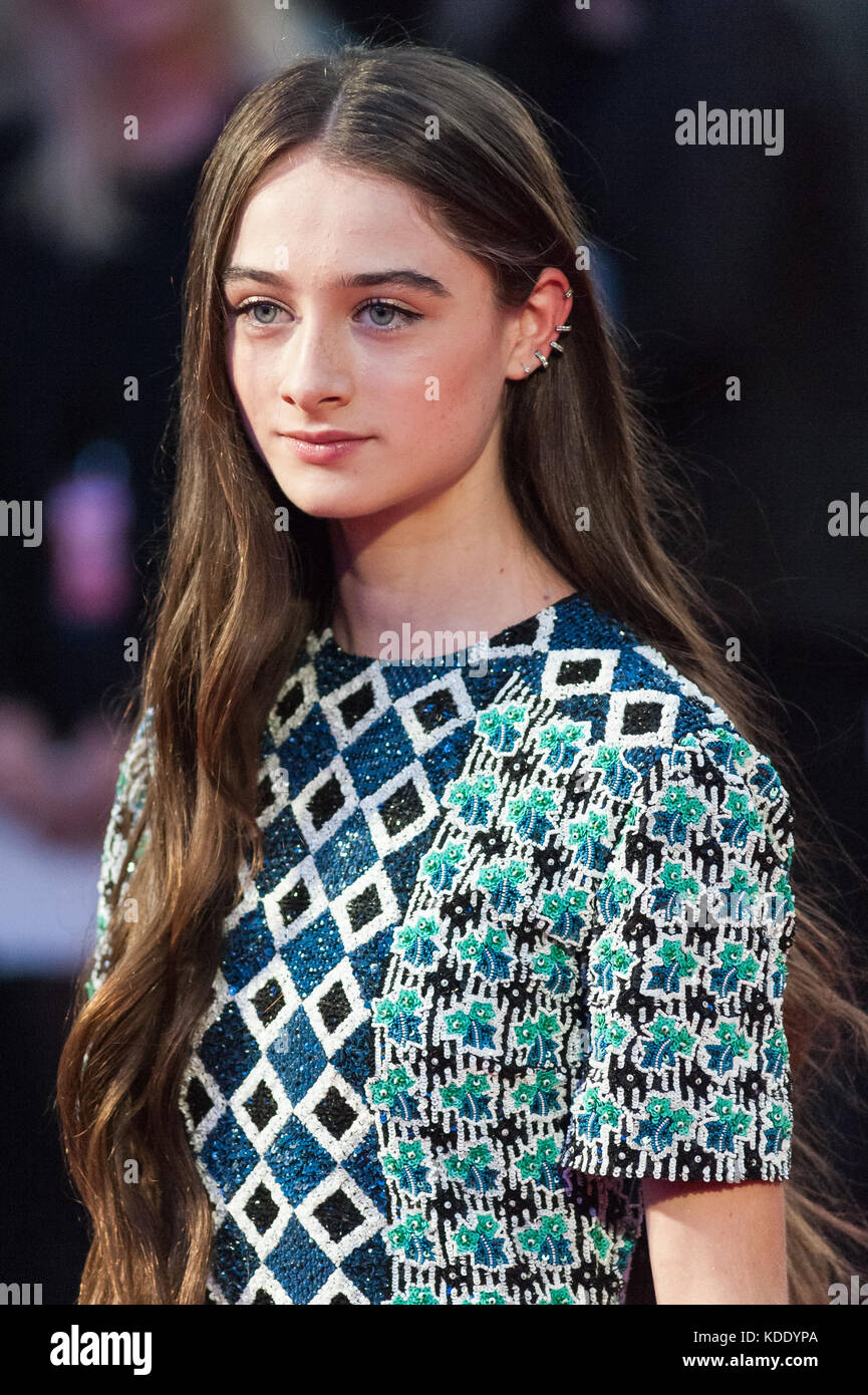 London, UK. 12th October 2017. Raffey Cassidy arrives for the UK film premiere of 'The Killing of a Sacred Deer' at Odeon Leicester Square during the 61st BFI London Film Festival. Credit: Wiktor Szymanowicz/Alamy Live News Stock Photo