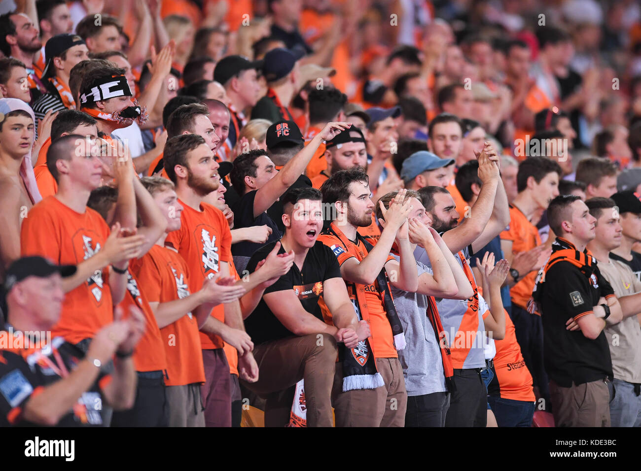 Brisbane, QUEENSLAND, AUSTRALIA. 13th Oct, 2017. Brisbane Roar fans show  their support during the round two A-League match between the Brisbane Roar  and Adelaide United at Suncorp Stadium on October 13, 2017