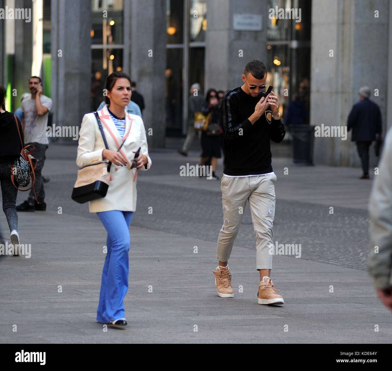 Milan, Ivan Perisic and his wife in the center get angry and insult the photographer Ivan Perisic, the player of the Inter and of the national team of Croatia, surprised to stroll through the streets of the center together with his wife JOSIPA. Taking advantage of the free morning, in view of the derby against Milan on Sunday evening, they stroll in via Montenapoleone and then they are going in the process of victorious Emanuele, but they notice the presence of the photographer and start to bother, despite the situation is absolutely quiet. Ivan Perisic talks to his wife and the two decide to Stock Photo