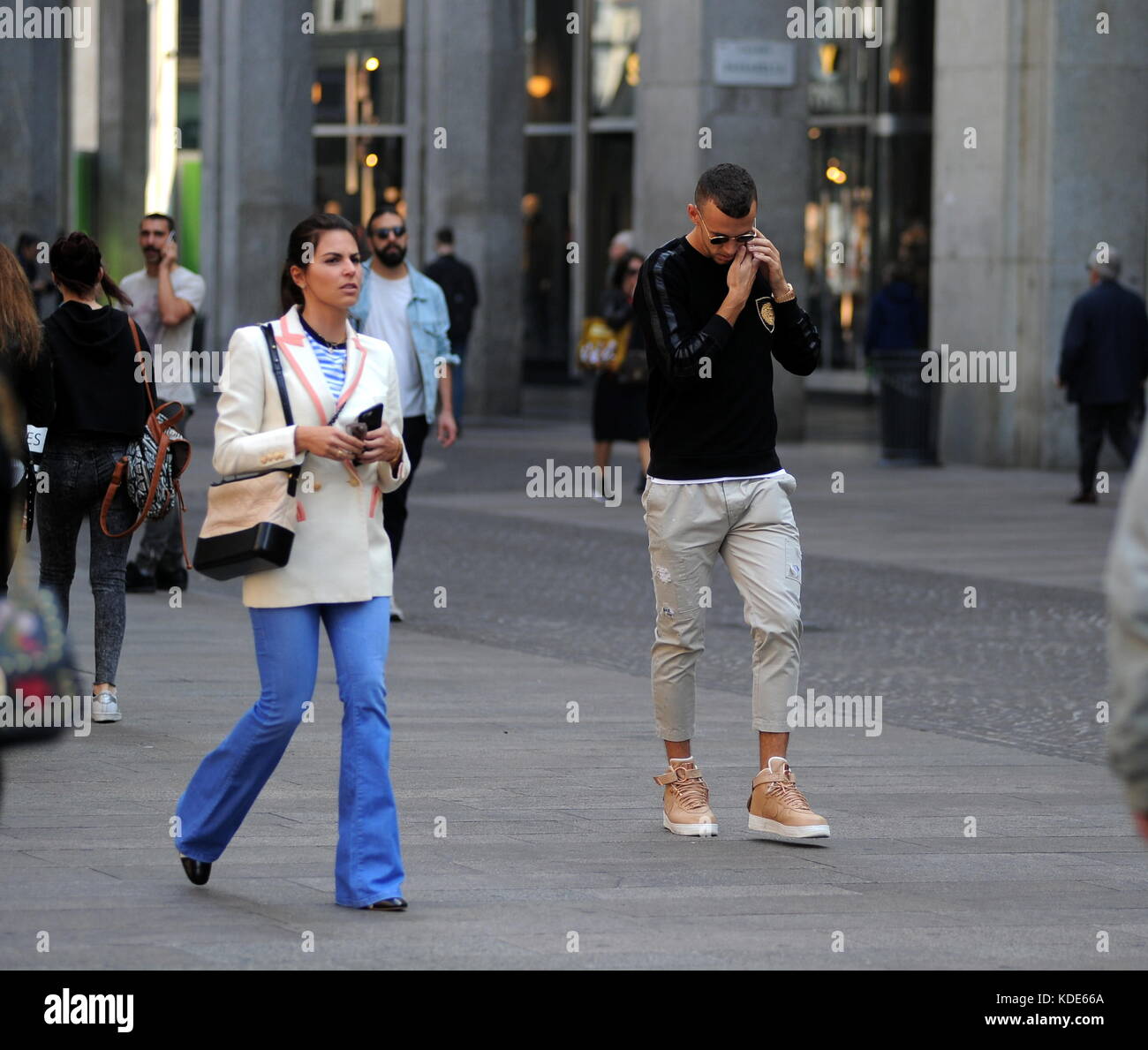 Milan, Ivan Perisic and his wife in the center get angry and insult the photographer Ivan Perisic, the player of the Inter and of the national team of Croatia, surprised to stroll through the streets of the center together with his wife JOSIPA. Taking advantage of the free morning, in view of the derby against Milan on Sunday evening, they stroll in via Montenapoleone and then they are going in the process of victorious Emanuele, but they notice the presence of the photographer and start to bother, despite the situation is absolutely quiet. Ivan Perisic talks to his wife and the two decide to Stock Photo