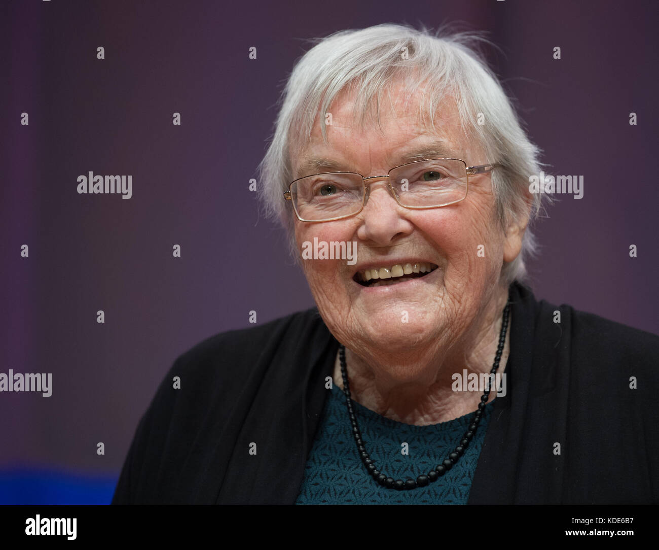 Author Gudrun Pausewang smiles during the German Youth Literature Award 2017 at the Buchmesse in Frankfurt/Main, Germany, 13 October 2017. The 89-year-old won the Special Price for her complete work. Photo: Arne Dedert/dpa Stock Photo