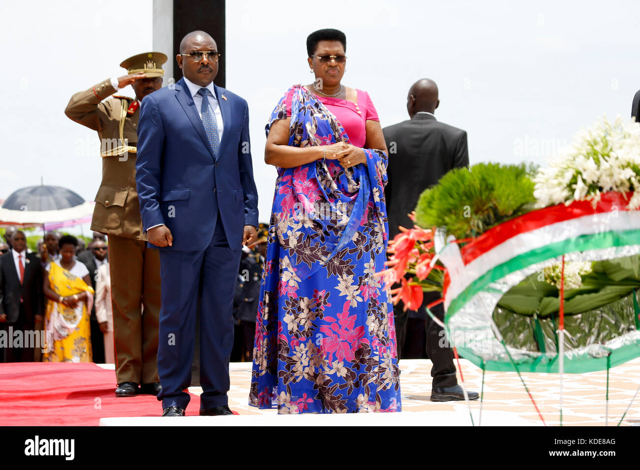 Bujumbura Burundi 13th Oct 2017 Burundian President Pierre Nkurunziza L Front And His Wife Denise Nkurunziza R Front Attend The 56th Anniversary Ceremony Of The Assassination Of Prince Louis Rwagasore In Bujumbura
