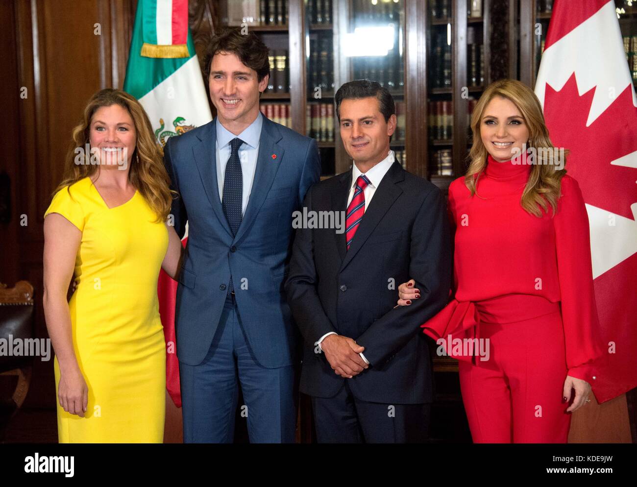 Canadian Prime Minister Justin Trudeau and his wife Sophie Gregoire Trudeau, left, are welcomed by Mexican President Enrique Pena Nieto, and his wife Angelica Rivera during the arrival ceremony at the Palacio Nacional October 12, 2017 in Mexico City, Mexico.   (presidenciamx via Planetpix) Stock Photo