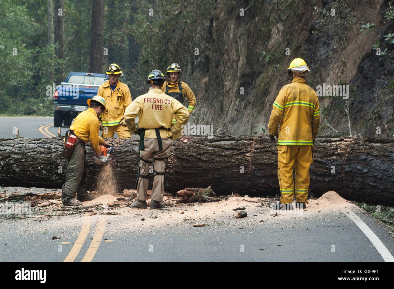 Santa Rosa, California, USA. 13th Oct, 2017. Fireman and loggers remove trees along Calistoga Rd near Santa Rosa, California, that were weakened due to the fires. Credit: Rustin Gudim/ZUMA Wire/ZUMAPRESS.com/Alamy Live News Stock Photo