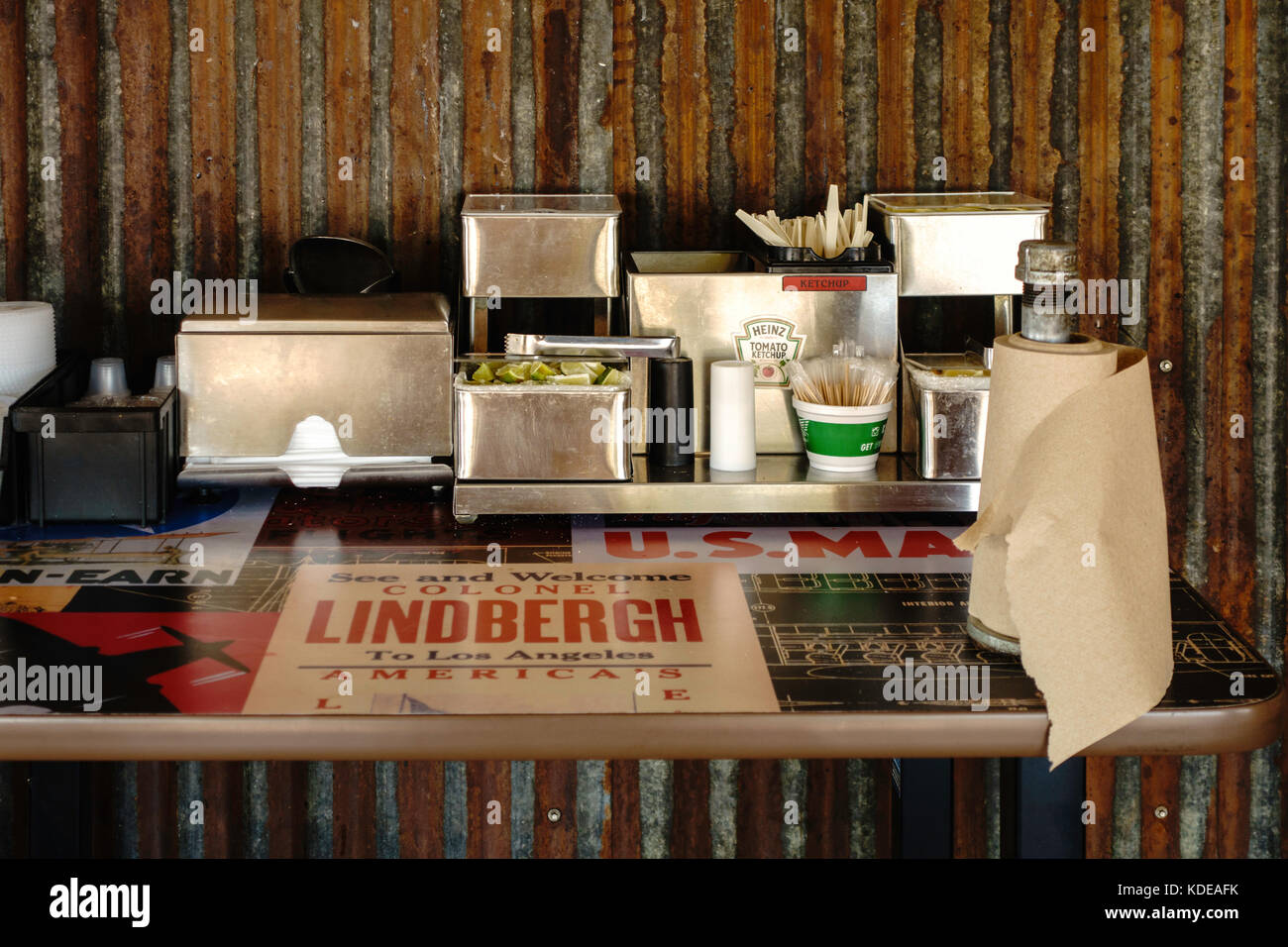 The condiment counter, interior of a chicken wing restaurant called Wing Stop. Oklahoma City, Oklahoma, USA. Stock Photo