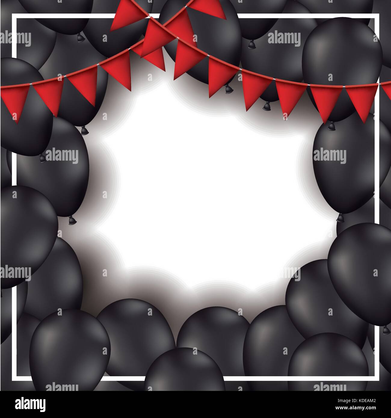 Background With Red Festoons And Black Balloons In White Backdrop