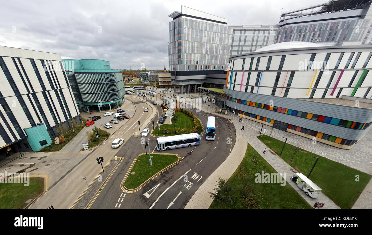 Queen Elizabeth University Hospital, Royal Hospital for Children, buses, wide aerial view Stock Photo