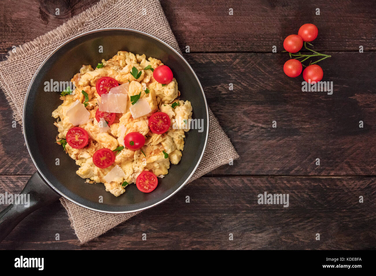 Scrambled eggs in skillet with copy space Stock Photo