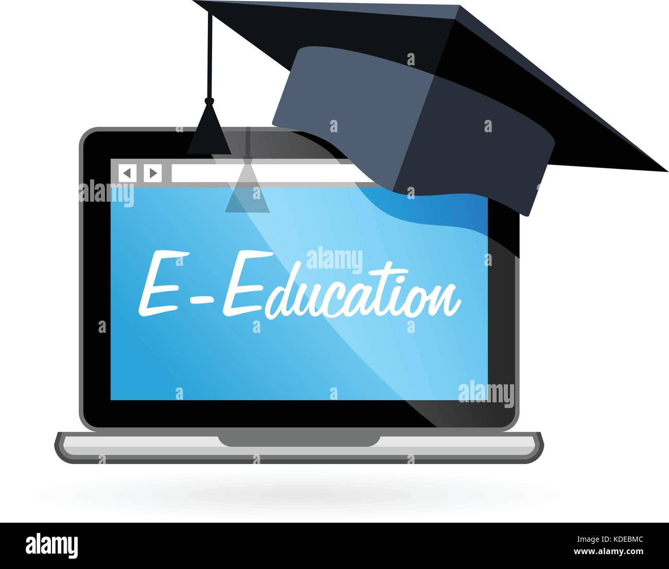 Distance learning - laptop and academic hat, e-education Stock Vector