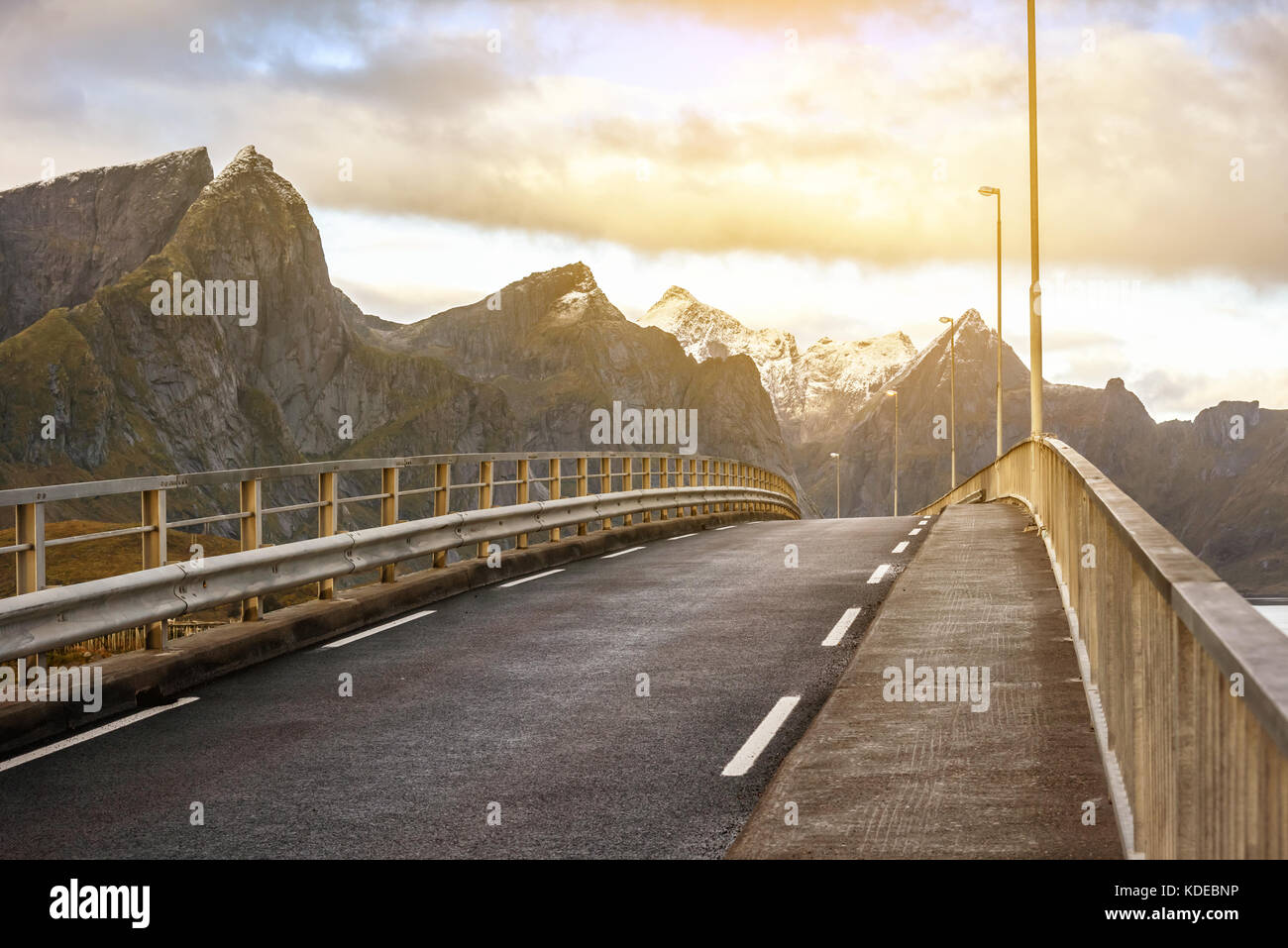 bridge and beautiful mountain landscapes, Lofoten, Norway Stock Photo