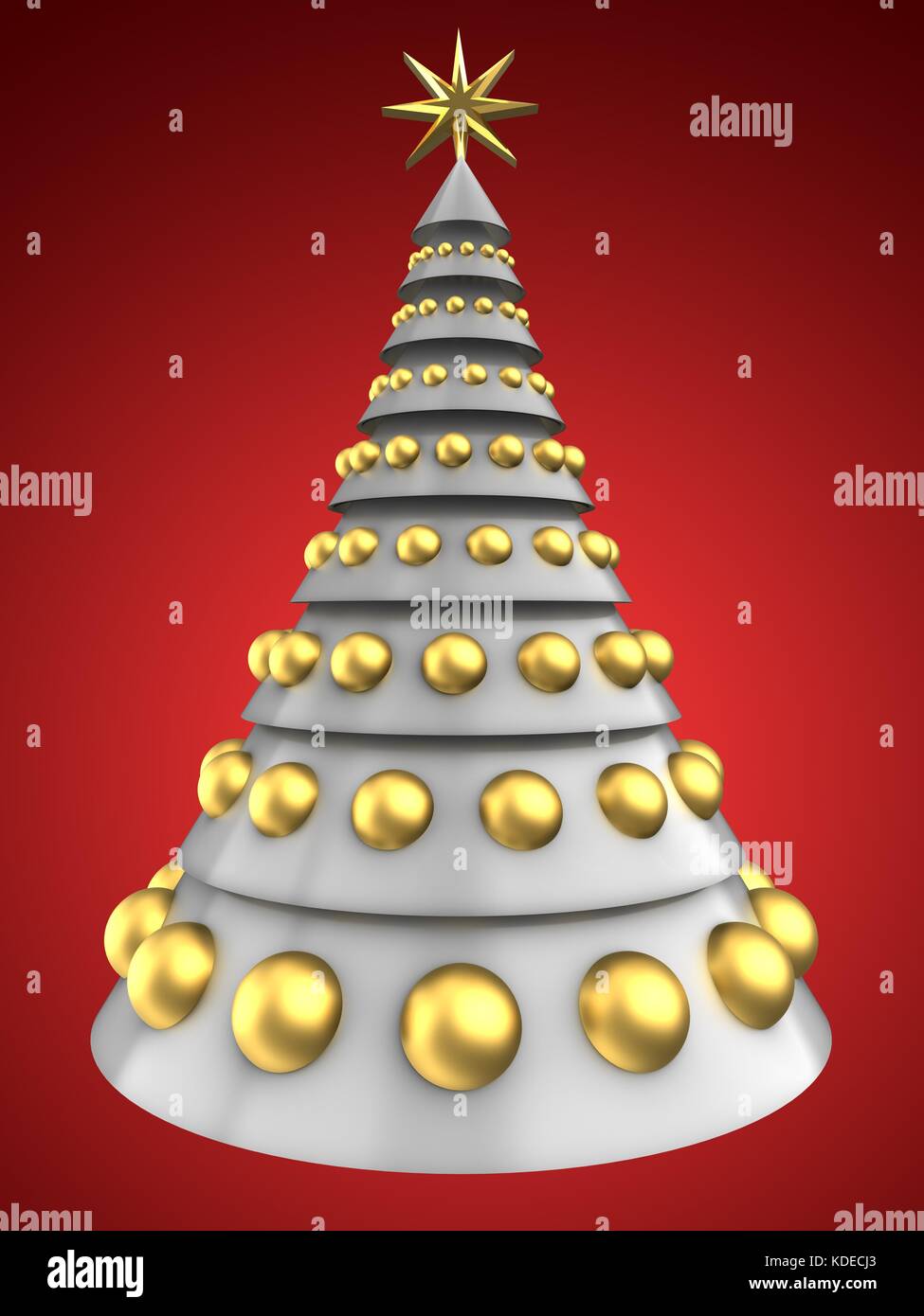 3d illustration of white Christmas tree over red background with golden ...