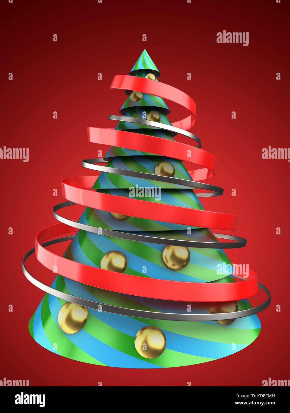 3d illustration of Christmas tree over red background with ribbons ...