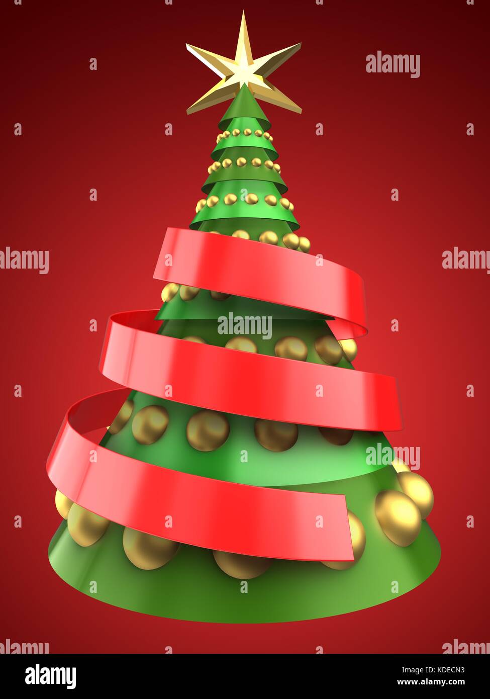 3d illustration of Christmas tree over red background with golden balls ...