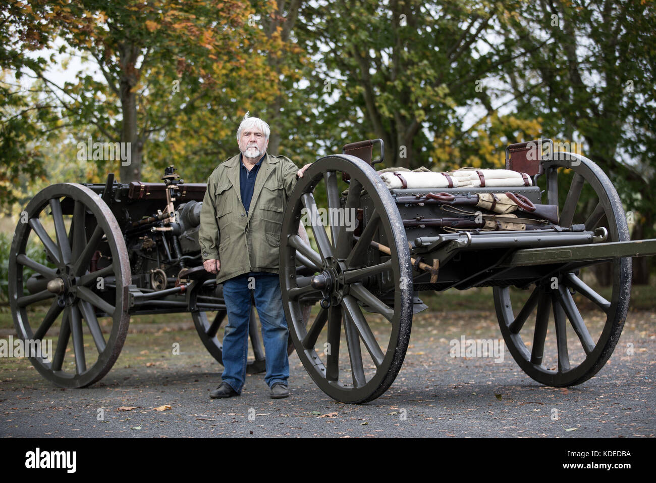 John Slough with a restored 18-pounder field gun and Limber Ammo Carrier, as the world-renowned historical gunsmith, who specialises in re-conditioning old British Empire artillery pieces, is taking more than a dozen guns to a service in Lille, France, to salute those who fell in the Battle of Passchendaele 100 years ago. Stock Photo
