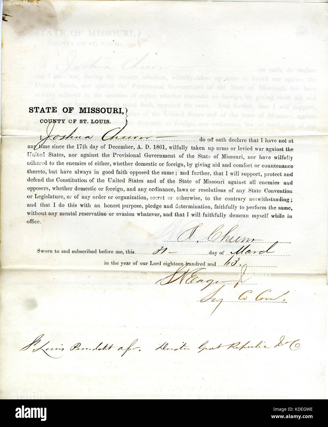 Loyalty Oath of Joshua Cheever, Director Great Republic Insurance