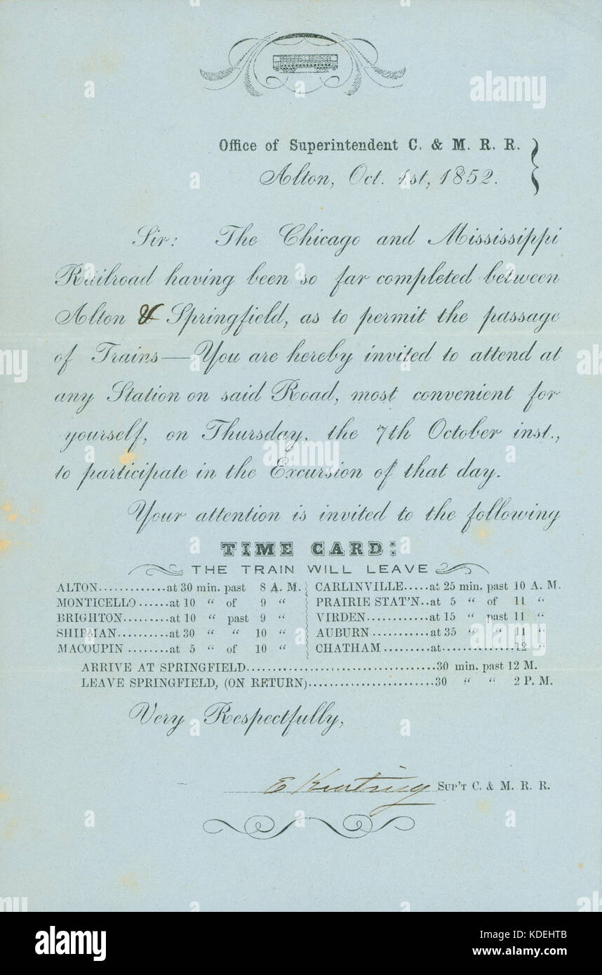 Invitation to maiden excursion from Alton to Springfield, Ill. of the Chicago and Mississippi Railroad, October 1, 1852 Stock Photo