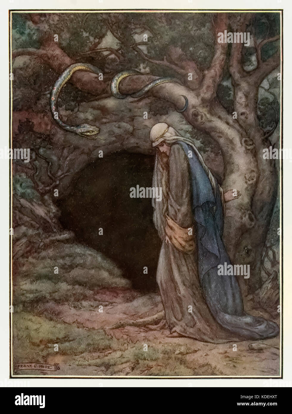 “Mercy at the Entrance of the By-way to Hell” from ‘The Pilgrim’s Progress’ by John Bunyan (1628-1688). Illustration by Frank C. Papé (1878-1972). See more information below. Stock Photo