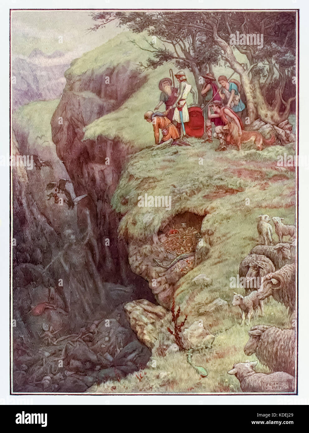 “The Shepherds take Christian and Hopeful to the top of the Hill of Error” from ‘The Pilgrim’s Progress’ by John Bunyan (1628-1688). Illustration by Frank C. Papé (1878-1972). The Shepherds Experience, Knowledge, Watchful, and Sincere guide Christian and Hopeful around the Delectable Mountains. See more information below. Stock Photo