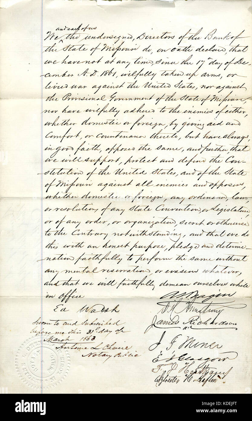 Loyalty oath of Ed Walsh; A. W. Fagin; D. H. Armstrong; James Richardson; J. F. Mense; E. J. Glasgow; F. J. Heitkamp; Sylvester H. Laflin of Missouri, County of St.Louis Stock Photo