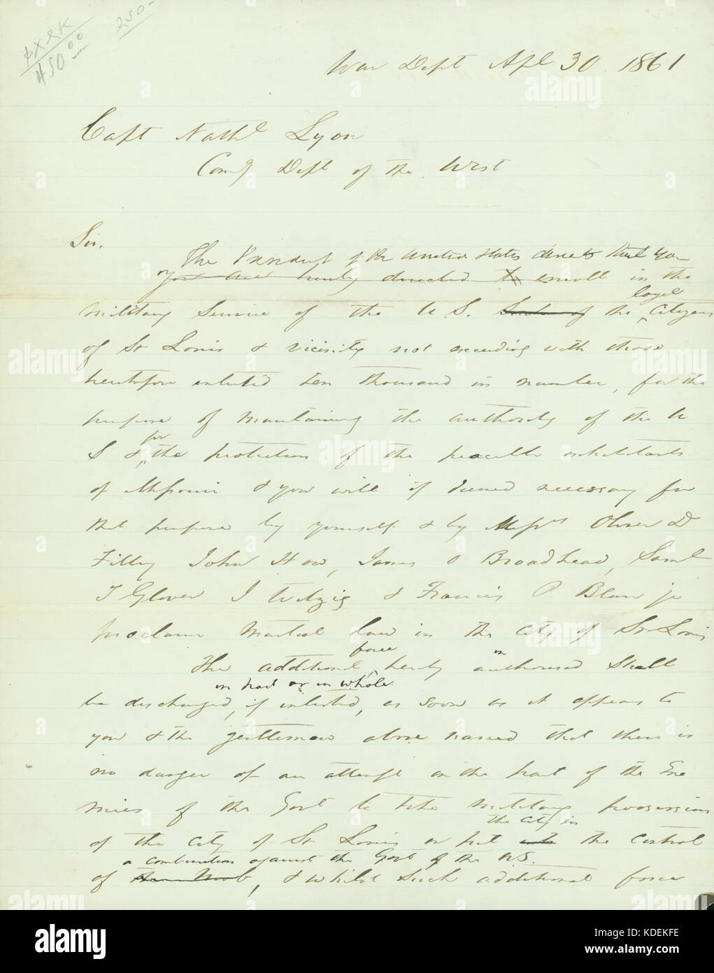 Rough draft of letter from (Winfield Scott), War Dept., to Capt. Nathl