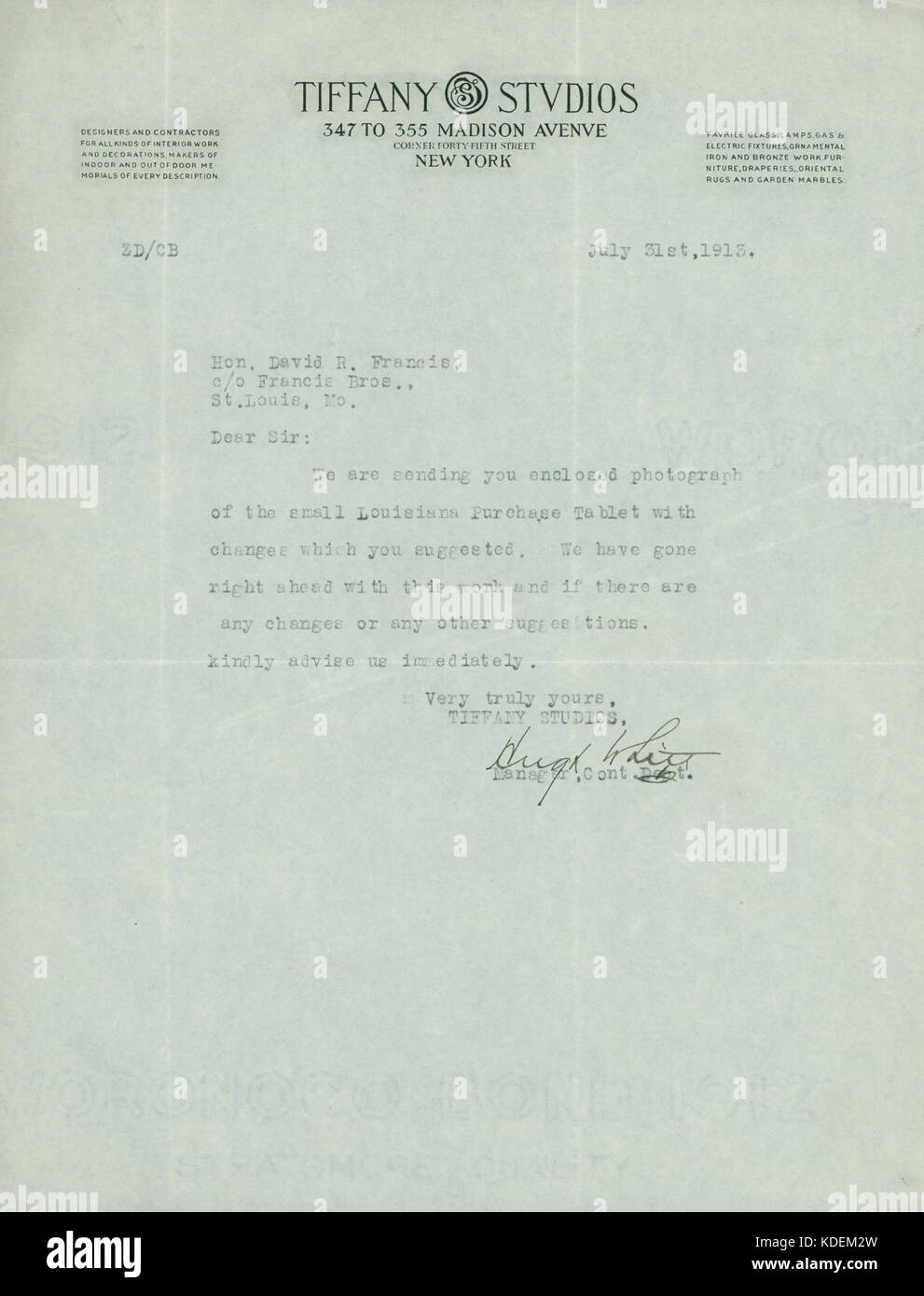 Letter from Hugh White, Tiffany Studios, 347 to 355 Madison Avenue ...