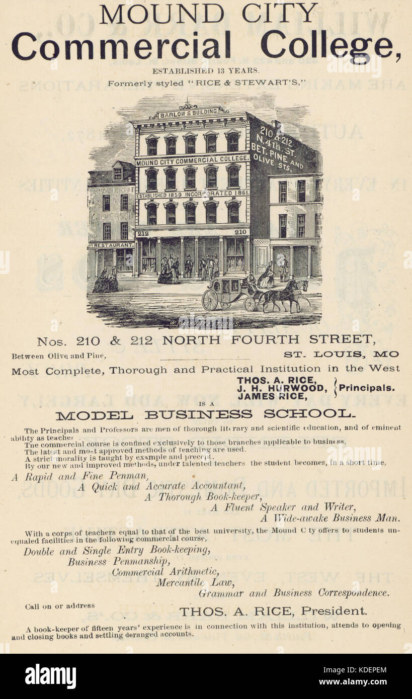 Mound City Commercial College. 210 212 North Fourth Street. Advertisement from Central Magazine, Feb. 1872 Stock Photo