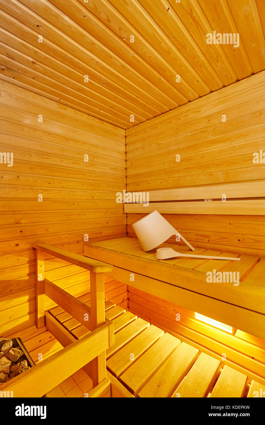 Sauna indoor. Finnish traditional relaxation lifestyle. Wellbeing