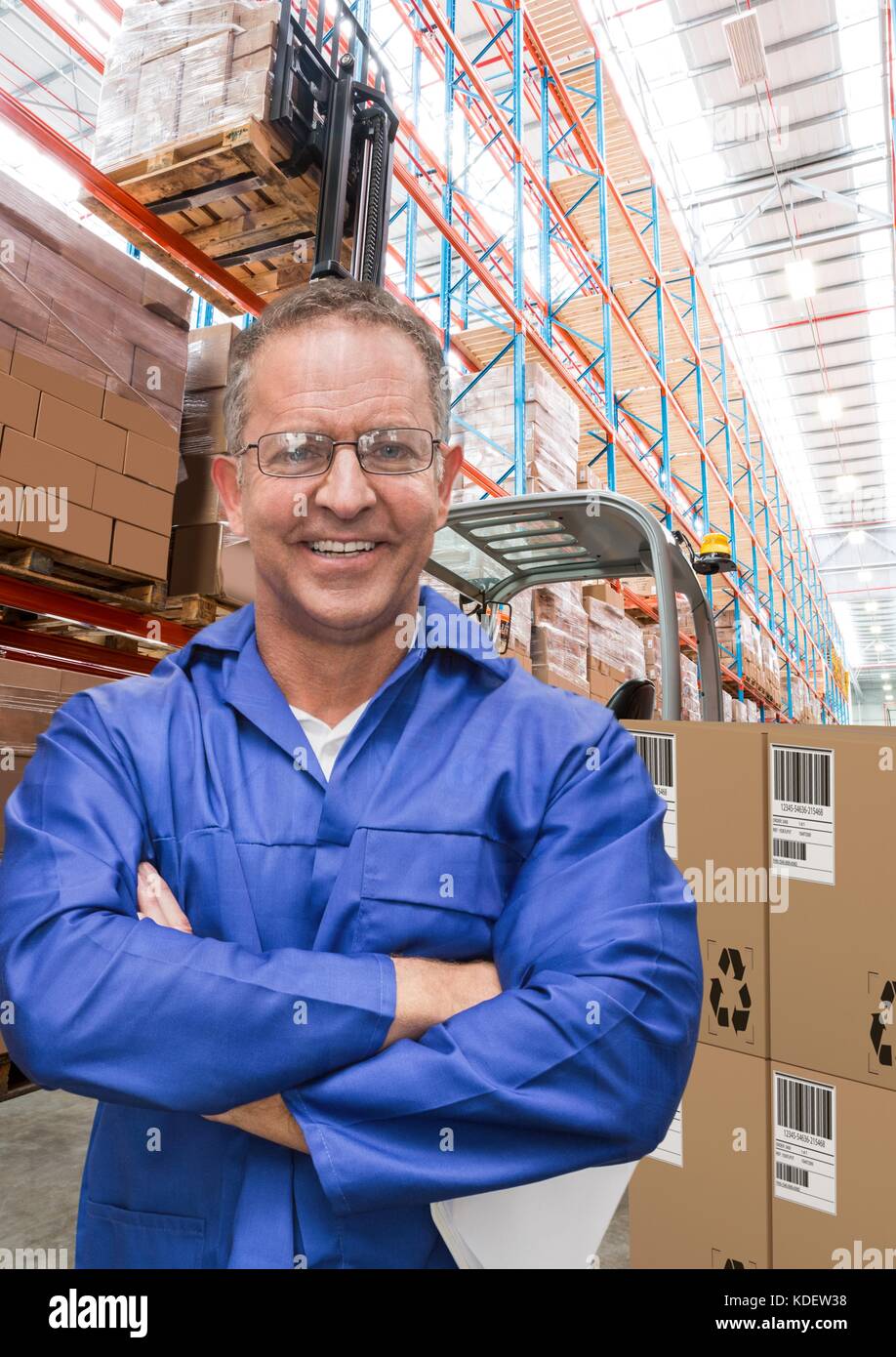 Digital composite of man with boxes in warehouse Stock Photo