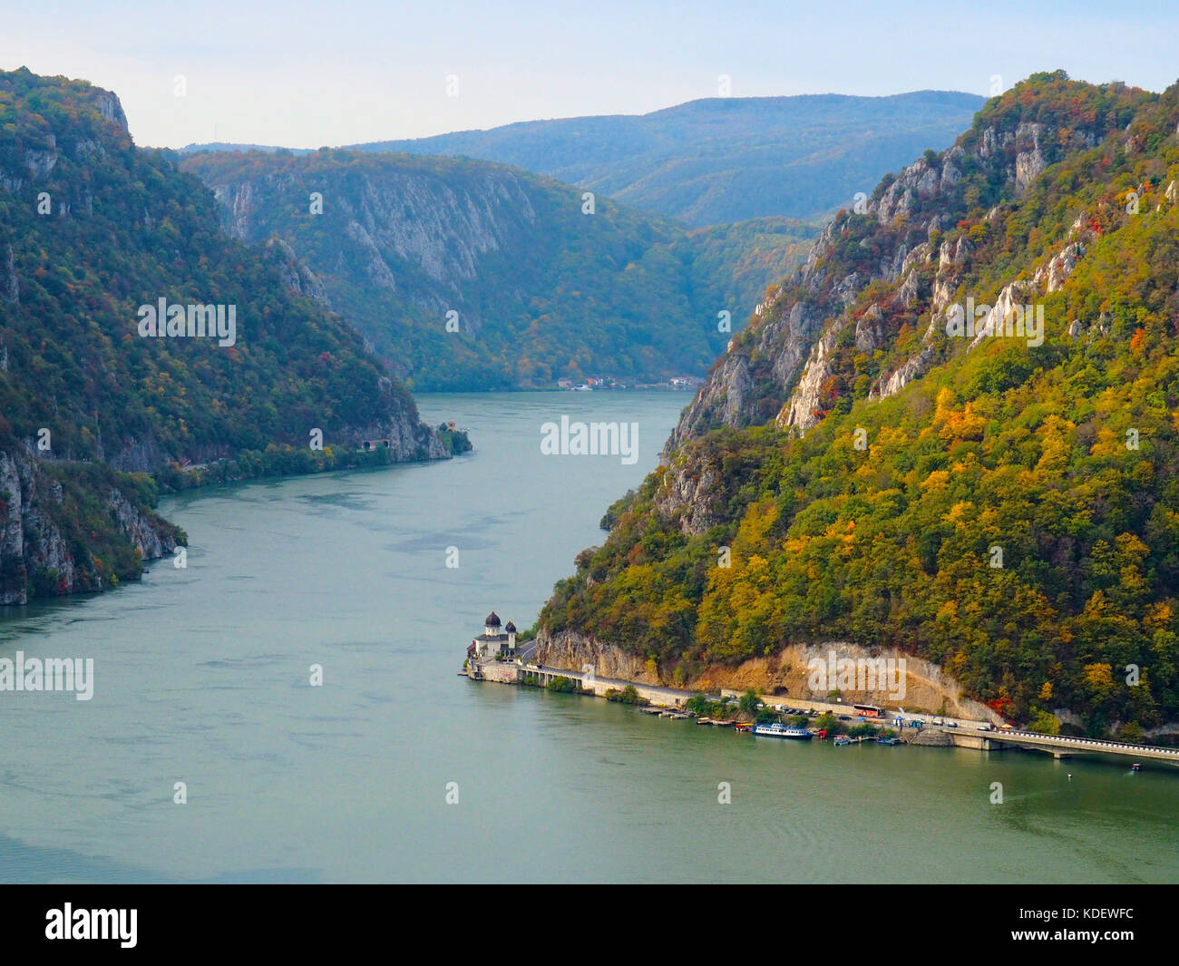 Iron Gate gorge entrance on the Danube River with Mraconia Convent or nunnery on Romania bank and Serbia to the left. Stock Photo