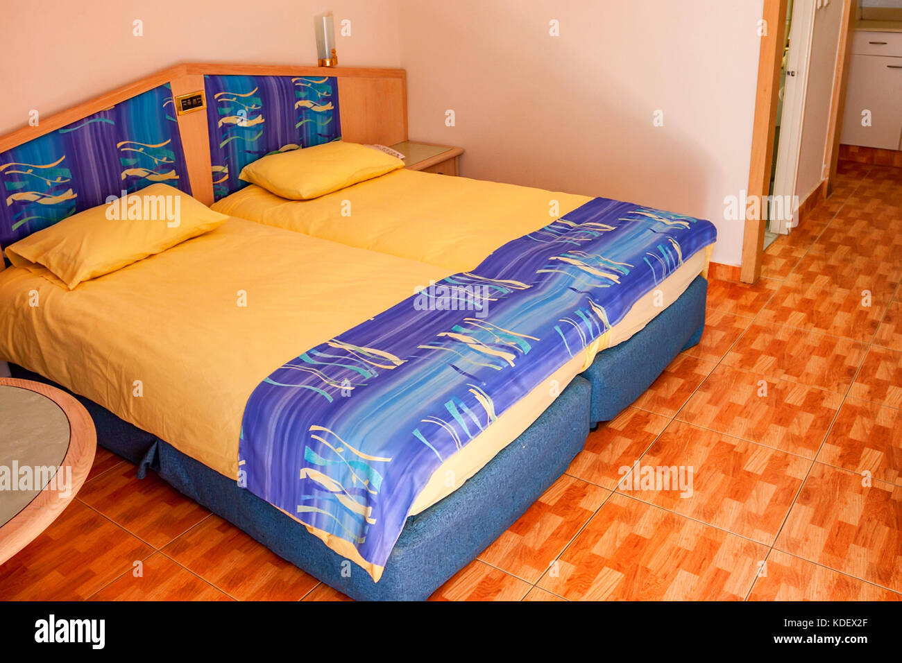 Double beds in a hotel room close up Stock Photo Alamy