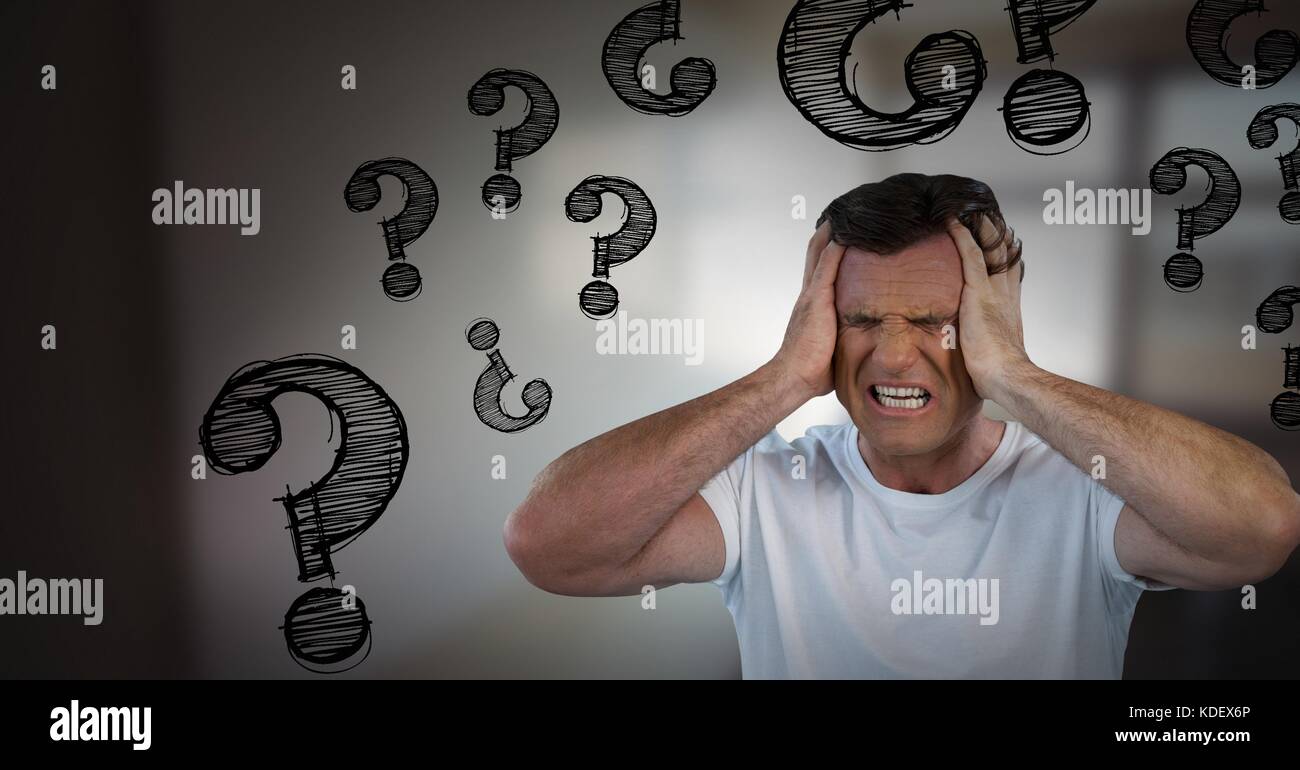 Digital composite of frustrated man with question marks Stock Photo - Alamy