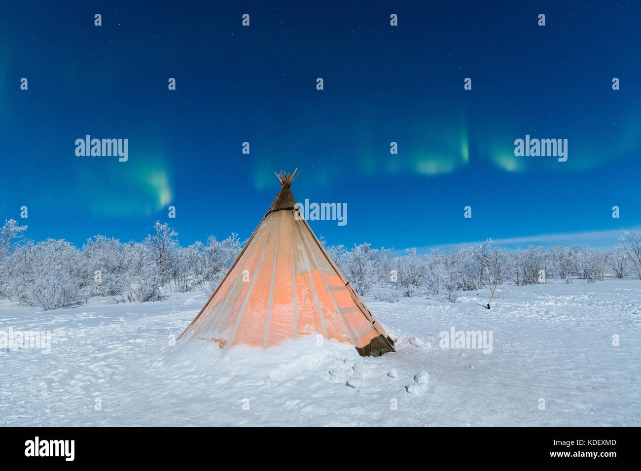 Isolated Sami tent in the snow under Northern Lights, Abisko, Kiruna Municipality, Norrbotten County, Lapland, Sweden Stock Photo