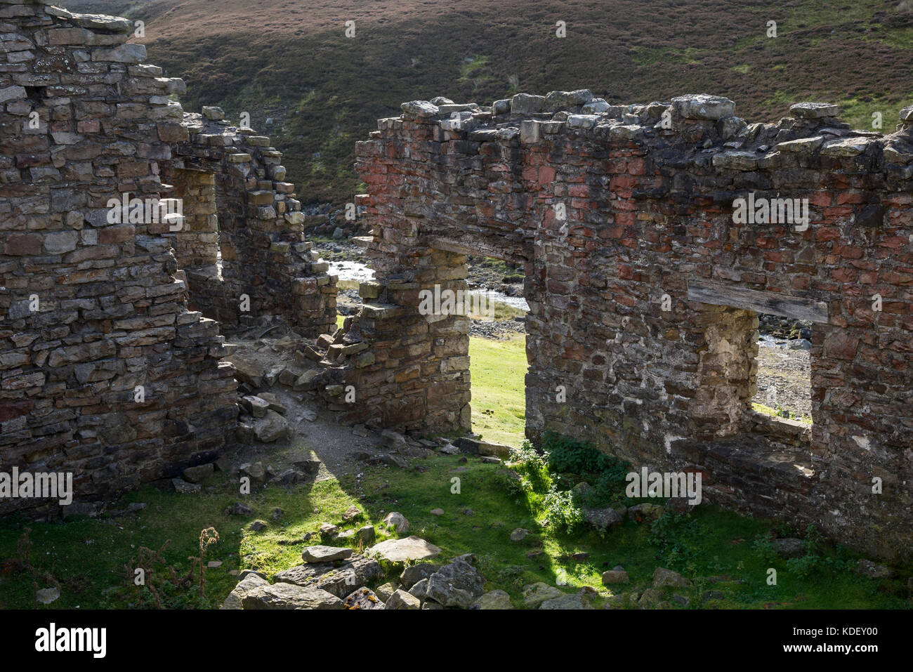 Ruins of Surrender Lead Smelting mill in the hills above Reeth, Swaledale in North Yorkshire, England. Stock Photo