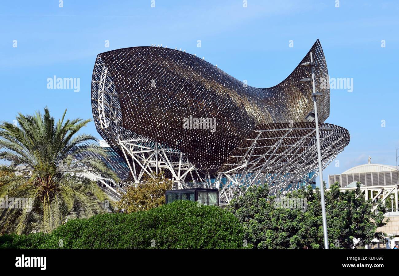 Sculpture Golden Fish, placed in Olympian port of Barcelona Stock Photo