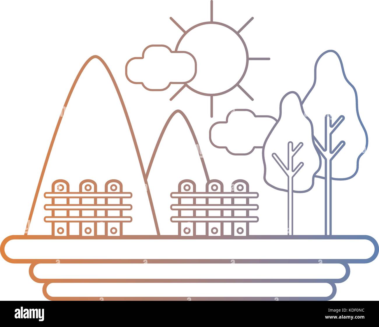line mountains with trees and cloud with sun vector illustration Stock ...
