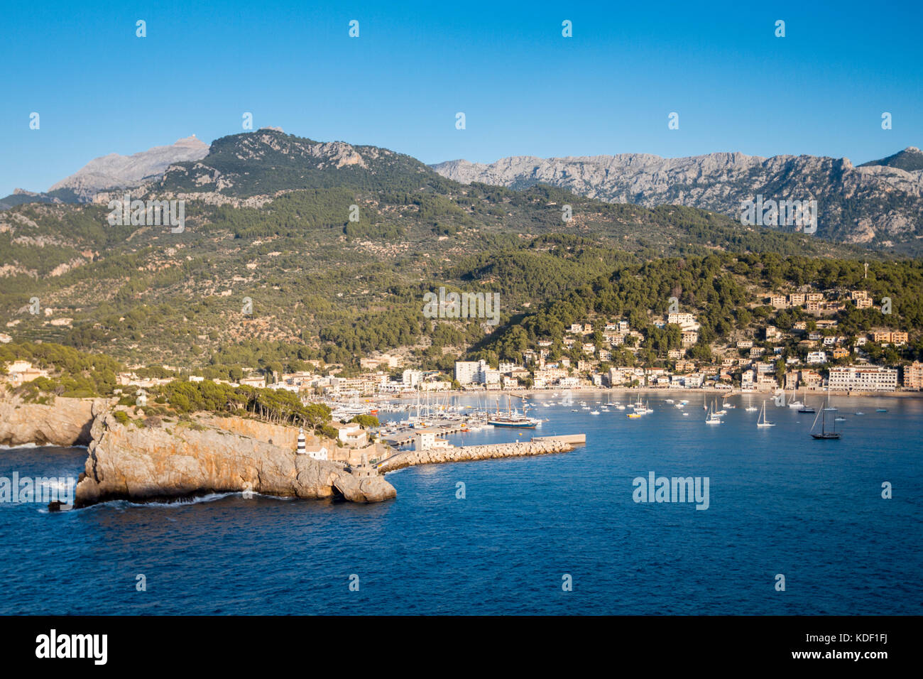 Aerial view of coast village called Port de Soller, Majorca, Balearic Islands Stock Photo
