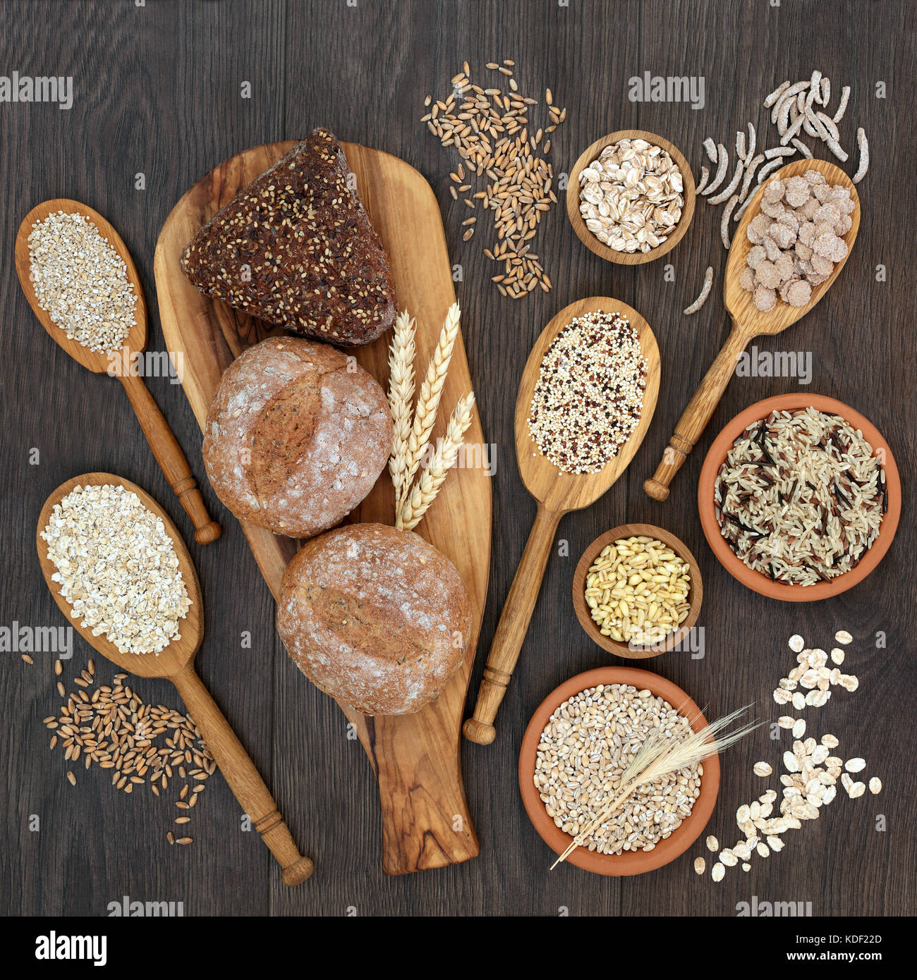 High fiber health food concept with fresh whole grain bread rolls